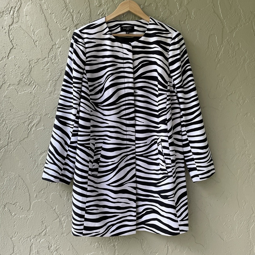 Talbots Woman 14W Women's Black & White Zebra Print Long Sleeve Coat Jacket NWT